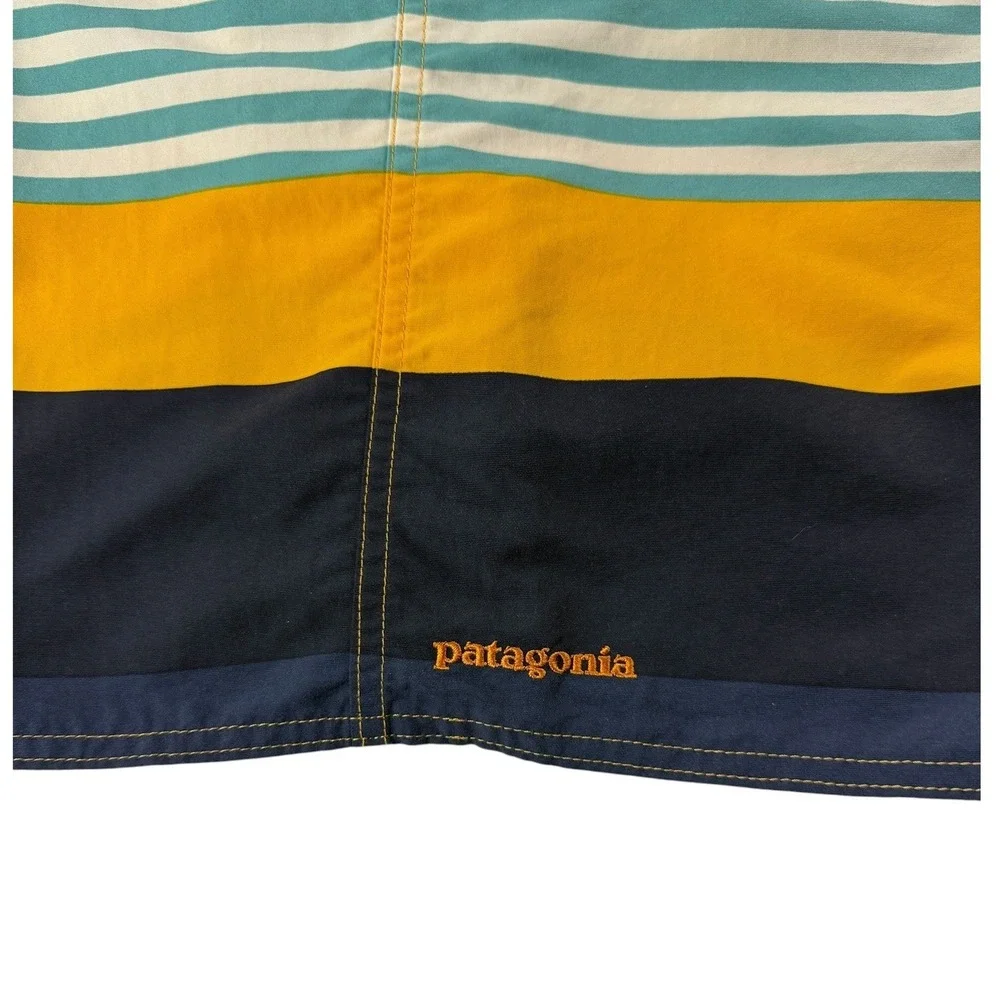 Patagonia Mens 34 Board Shorts Blue Yellow Striped Nylon Mesh Lined Swim Trunks
